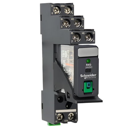 Schneider RXG Series Interface Relay RXG22BD, RXG23BD, RXG12BD with Test Button – 24VDC, 8-Foot Base Relay